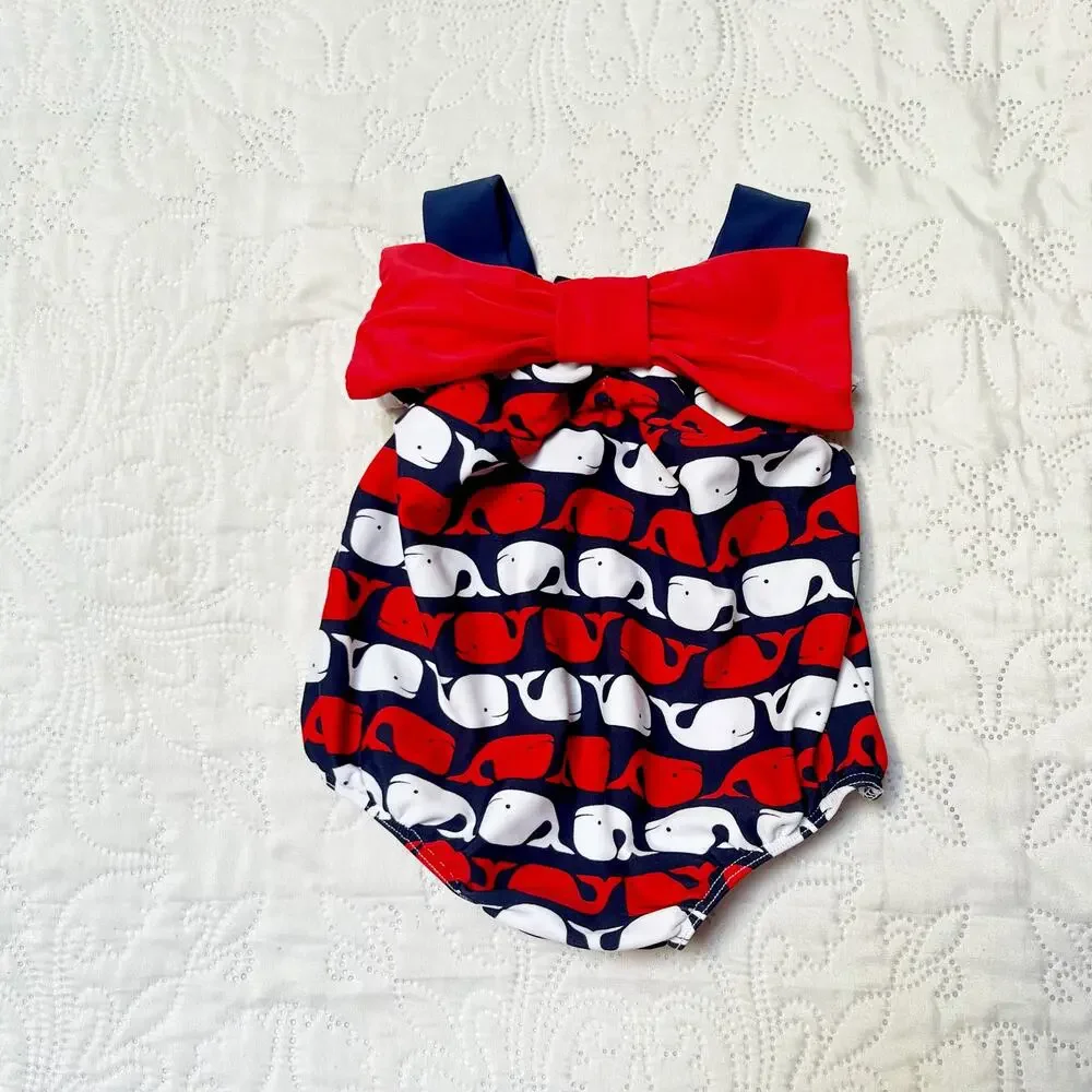 Mud Pie Whale Print Bow Swim Suit Size 0-6m